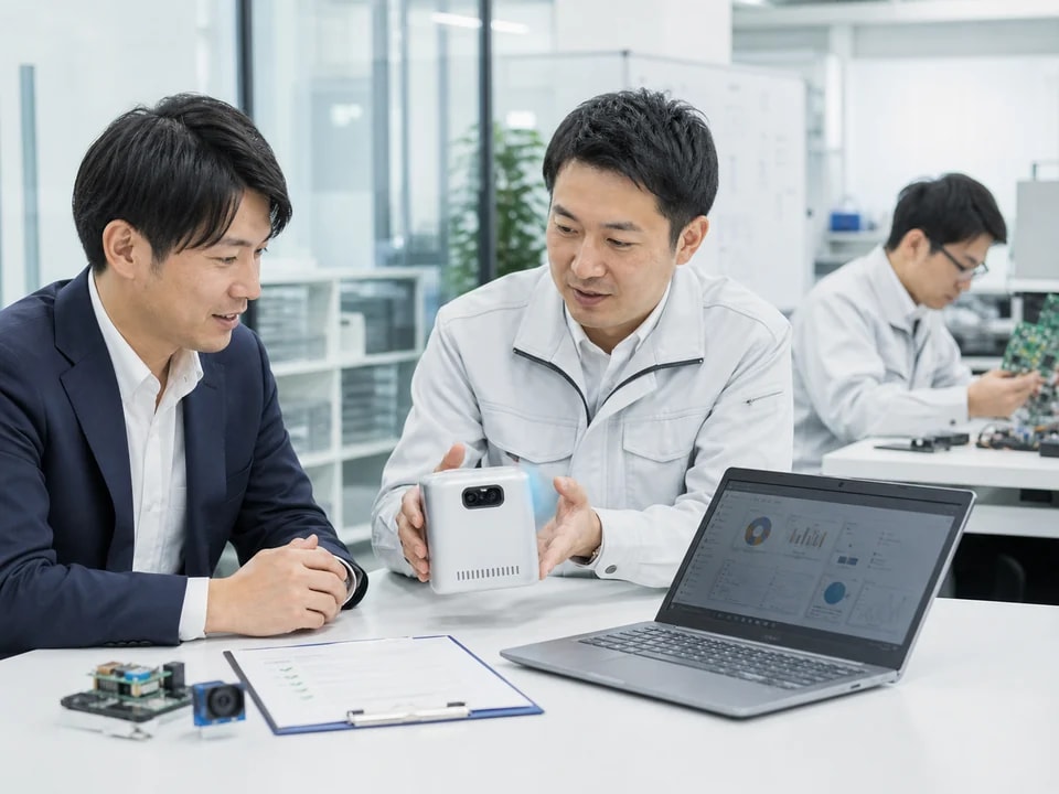 製品試作を確認する顧客と技術者
