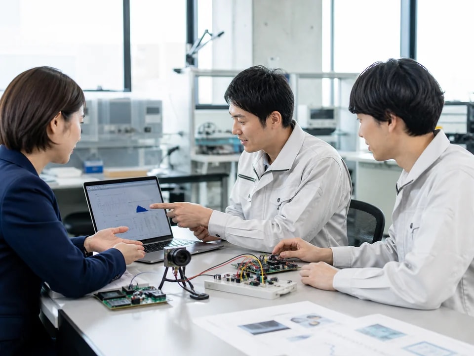 初期試作を確認する顧客と技術者