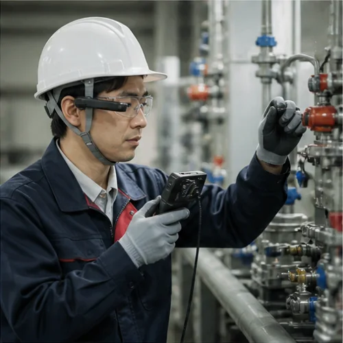 製造現場で設備を点検する技術者