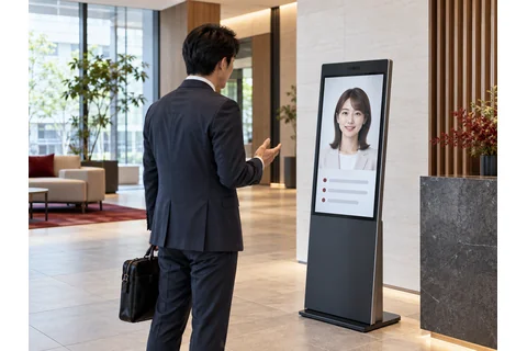 AIが質問に応じて案内を行う受付端末のイメージ